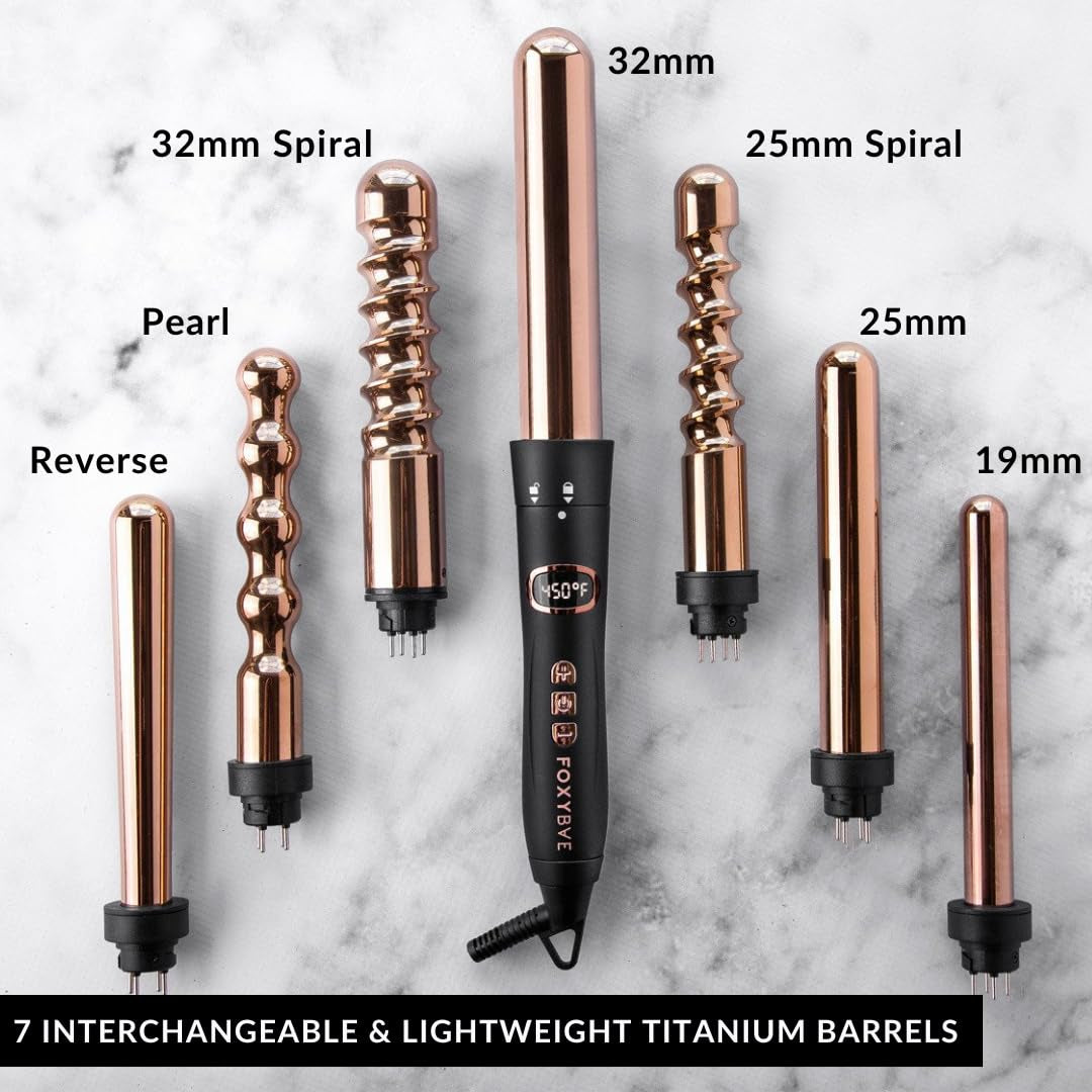 7-In-1 Curling Wand Set - Le’Se7En Professional Black & Rose Gold Hair Curling Wand - 7 Interchangeable Curling Iron Set - Titanium Hair Wand Curler with LCD Display for Temperature Control