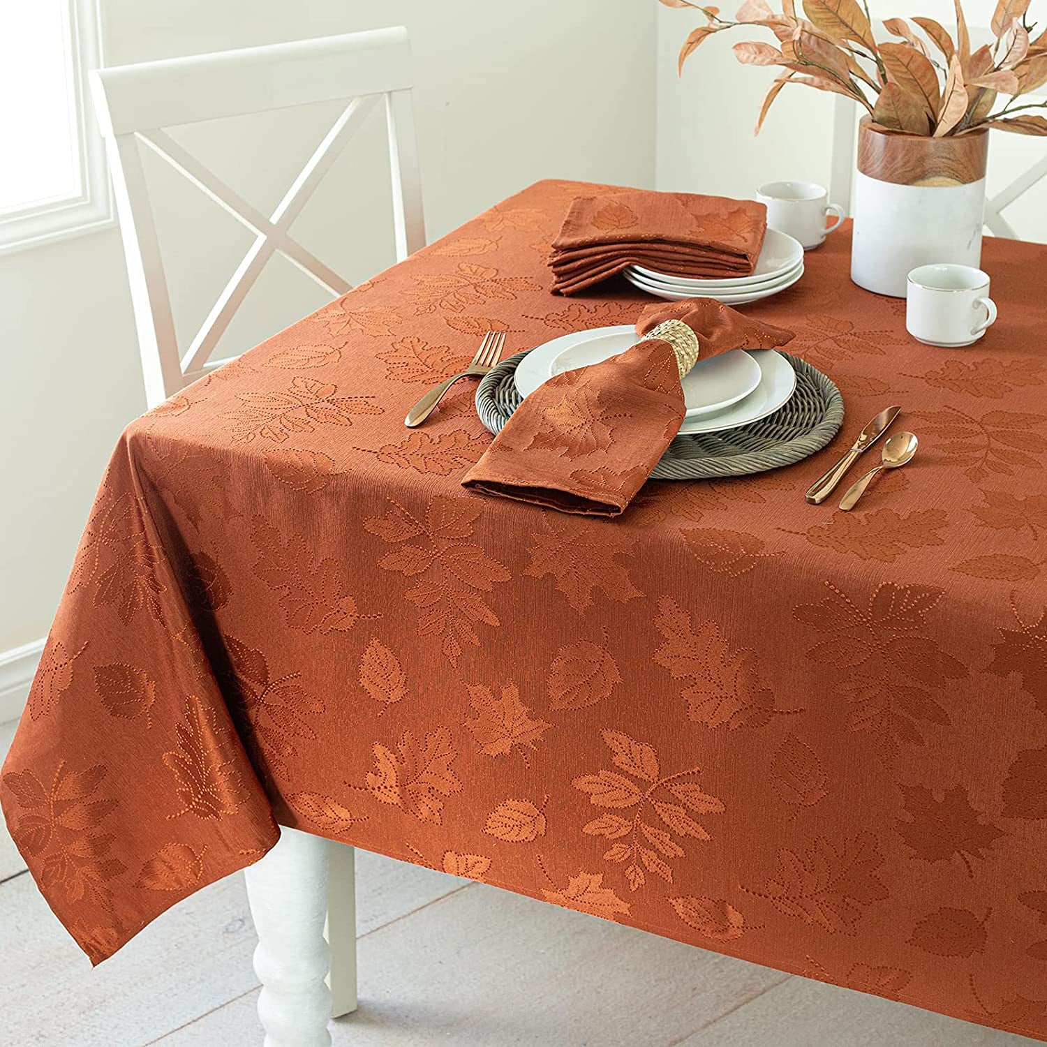 Harvest Legacy Damask Fabric Table Cloth Fall, Harvest, and Thanksgiving Tablecloth (Rust/Burnt Orange, 60" X 104" Rectangular)