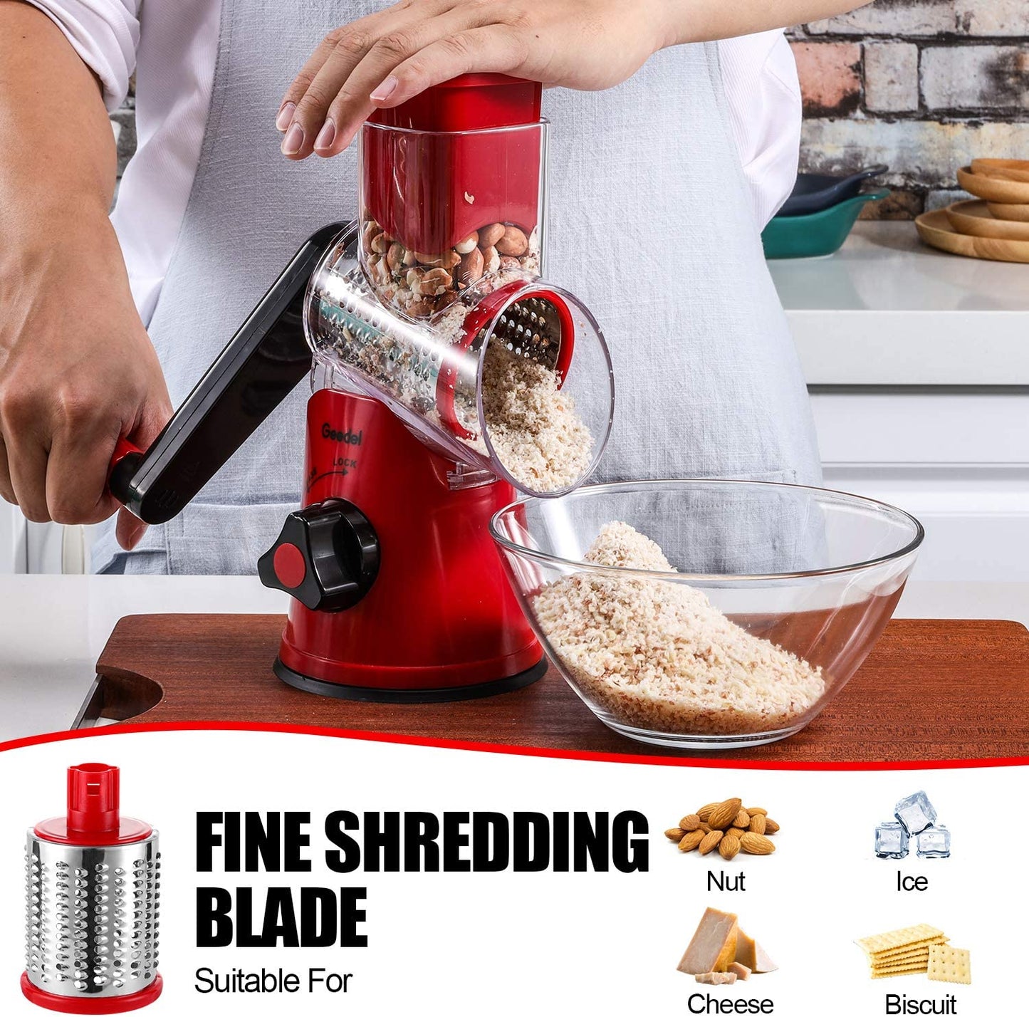 Geedel Rotary Cheese Grater, Kitchen Mandoline Vegetable Slicer with 3 Interchangeable Blades, Easy to Clean Grater for Fruit, Vegetables, Nuts