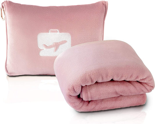 Travel Blanket and Pillow - Premium Soft 2 in 1 Airplane Blanket with Soft Bag Pillowcase, Hand Luggage Sleeve and Backpack Clip (Light Pink)