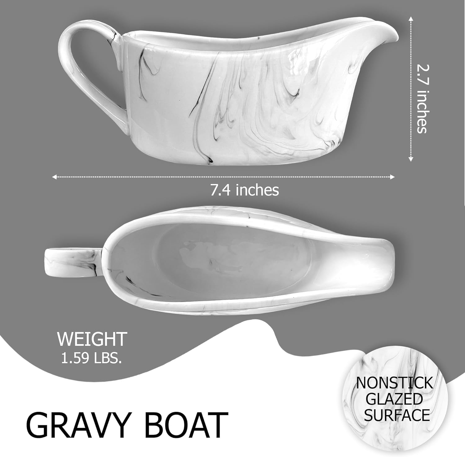 CASADELLA Porcelain Gravy Boat Serving Set, Marble 14 Oz Gravy Bowl Set W/Saucer, Elegant Gravy Server for Minimalist Serving, Gravy Pitcher W/Non-Stick Surface, Marble Bowl Serving Dishes