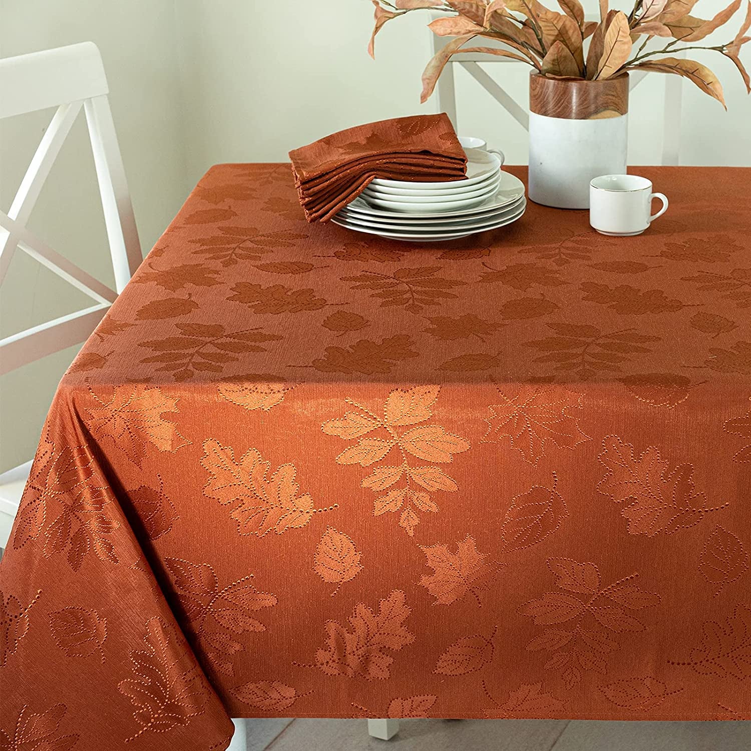 Harvest Legacy Damask Fabric Table Cloth Fall, Harvest, and Thanksgiving Tablecloth (Rust/Burnt Orange, 60" X 104" Rectangular)