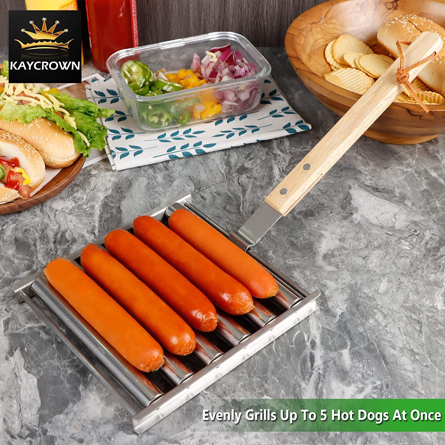 Hot Dog Roller Stainless Steel Sausage Roller Rack with Extra Long Wood Handle, BBQ Hot Dog Griller for Evenly Cooked Hot Dogs, 5 Hot Dog Capacity