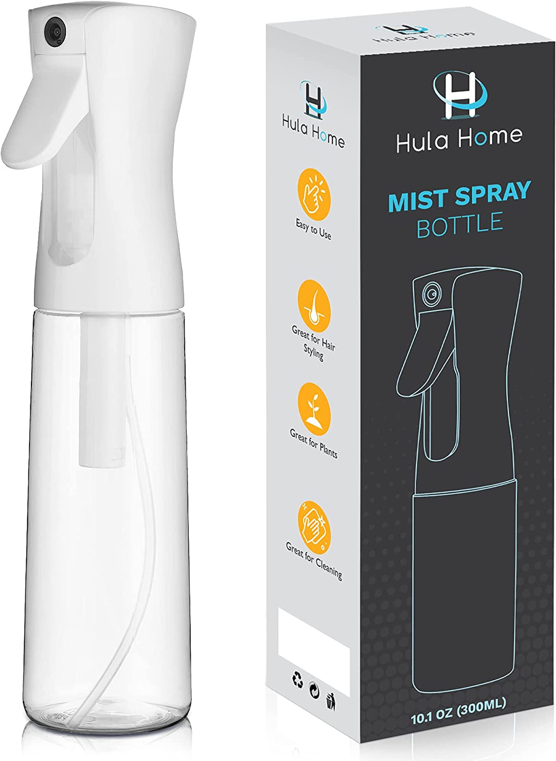 Continuous Spray Bottle for Hair (10.1Oz/300Ml) Mist Empty Ultra Fine Plastic Water Sprayer – for Hairstyling, Cleaning, Salons, Plants, Essential Oil Scents & More - White