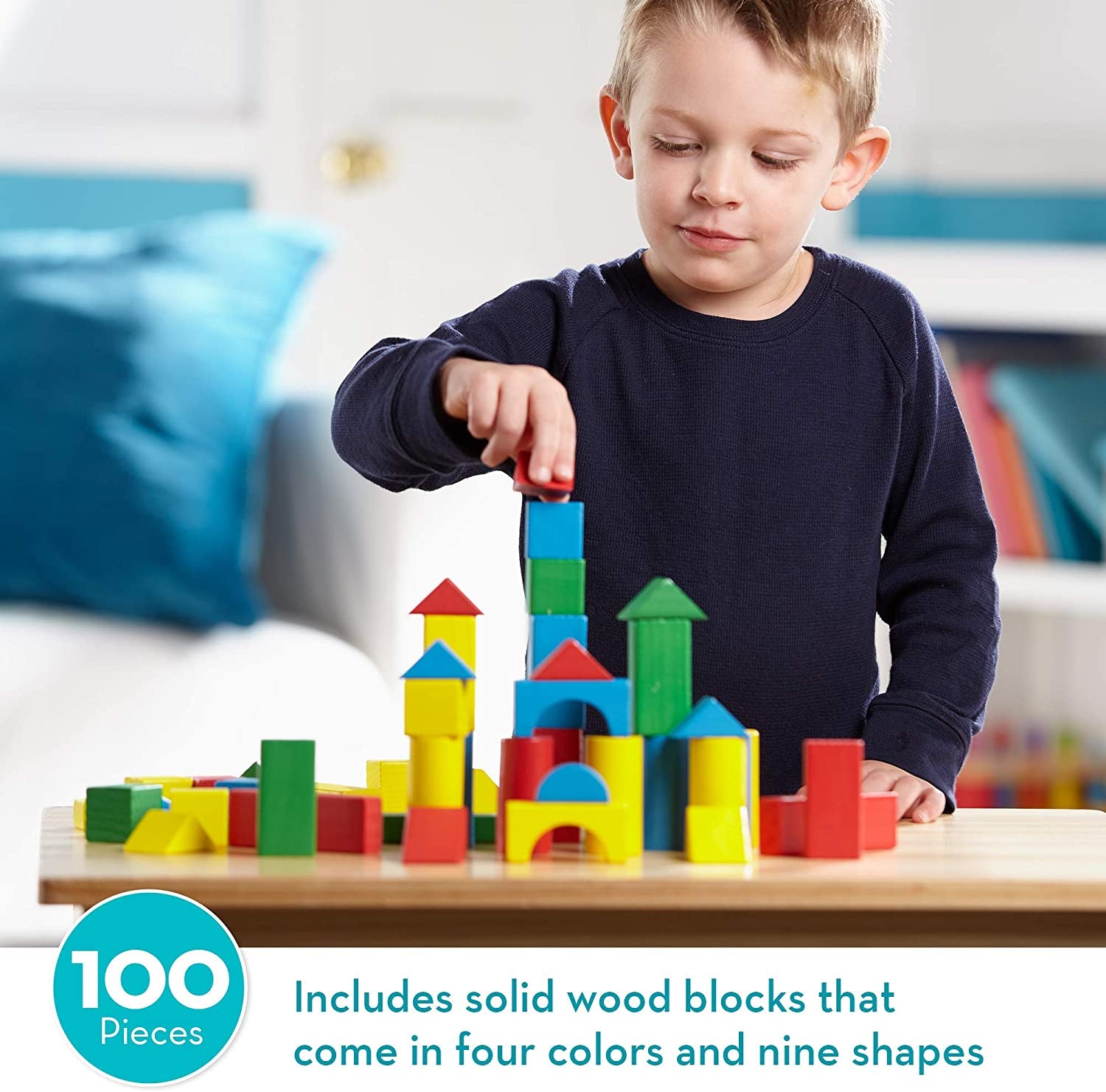 Wooden Building Set - 100 Blocks in 4 Colors and 9 Shapes