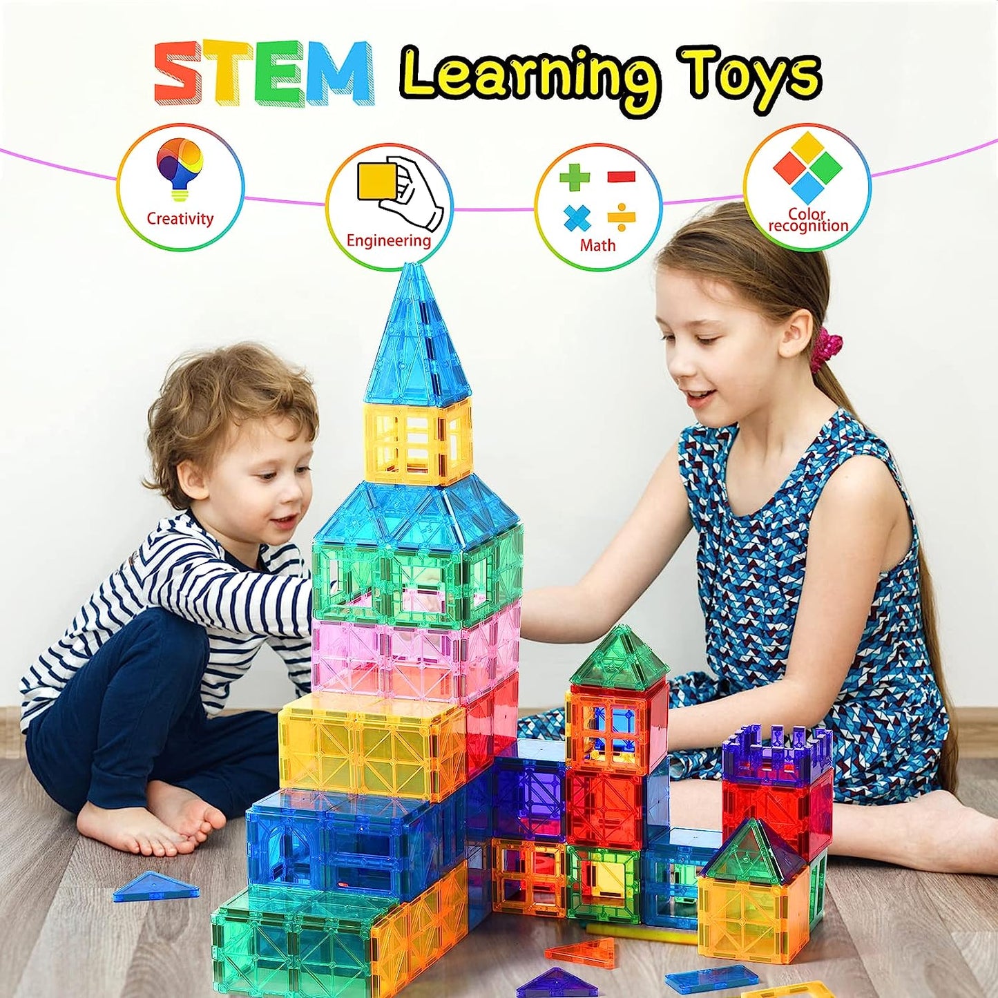 Magnetic Tiles, Safe and Sturdy Magnet Tiles Magnetic Building Blocks Toys for Kids Games, STEM Stacking Toys for Toddlers 3+, Preschool Sensory Learning Toys - Birthday Gifts for Boys & Girls