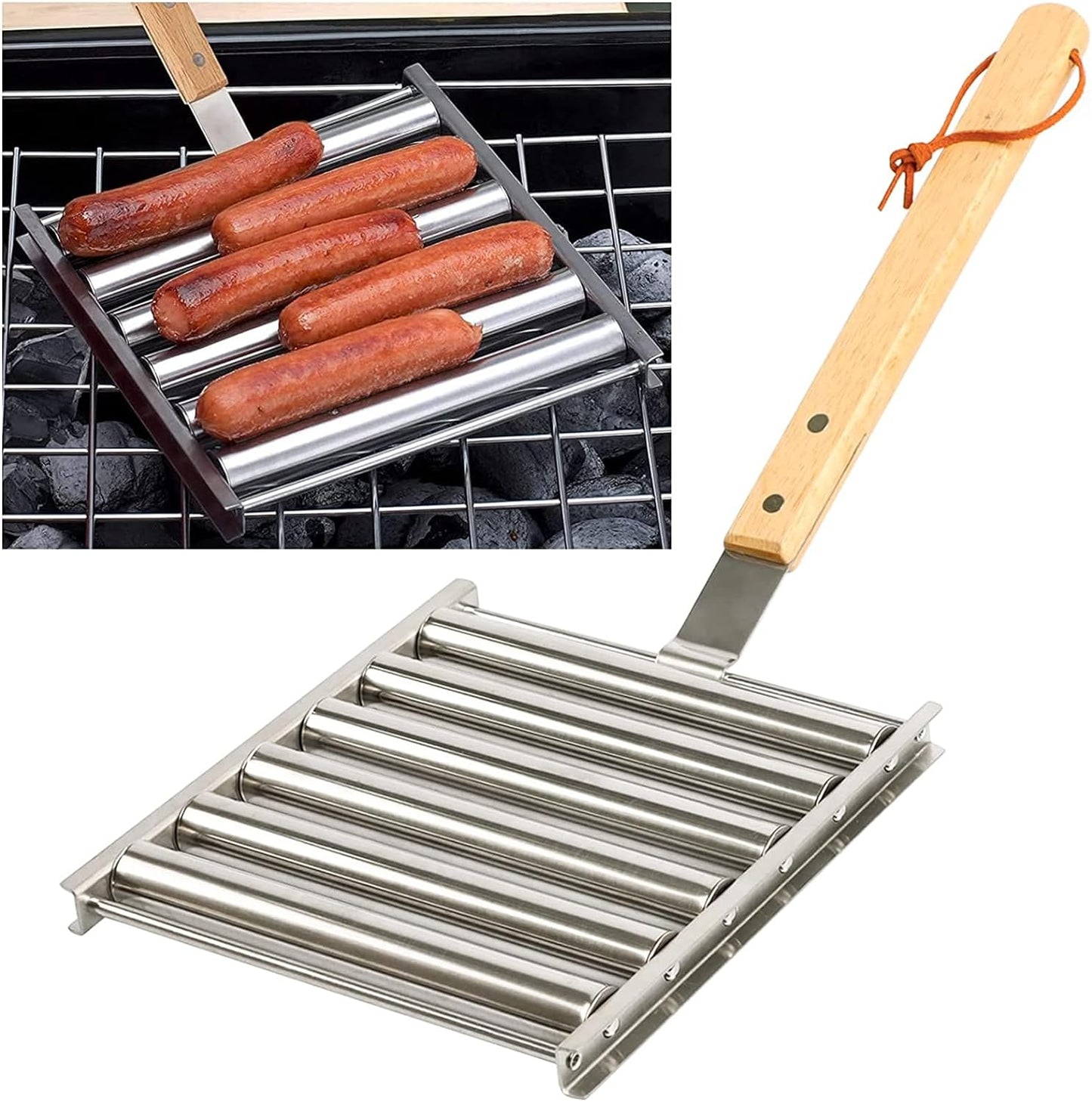 Hot Dog Roller Stainless Steel Sausage Roller Rack with Extra Long Wood Handle, BBQ Hot Dog Griller for Evenly Cooked Hot Dogs, 5 Hot Dog Capacity