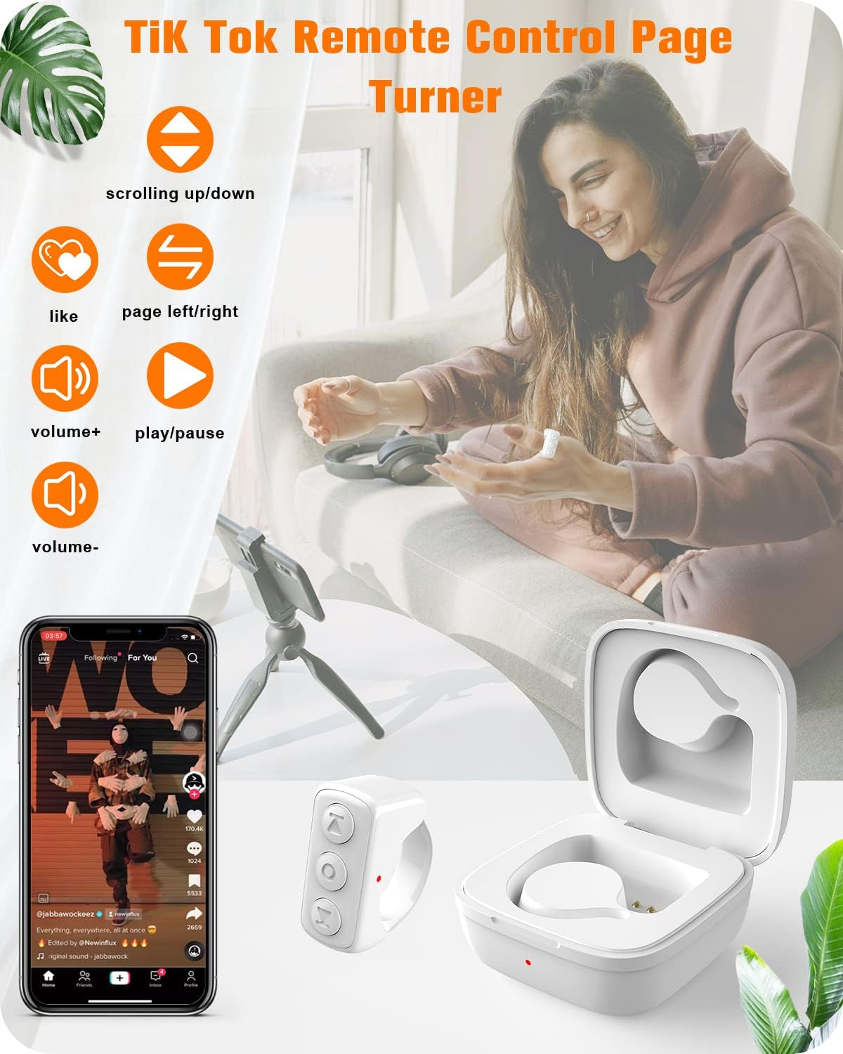 Tiktok Remote Control Kindle App Page Turner, Bluetooth Camera Video Recording Remote, TIK Tok Scrolling Ring for Iphone, Ipad, Ios, Android - White