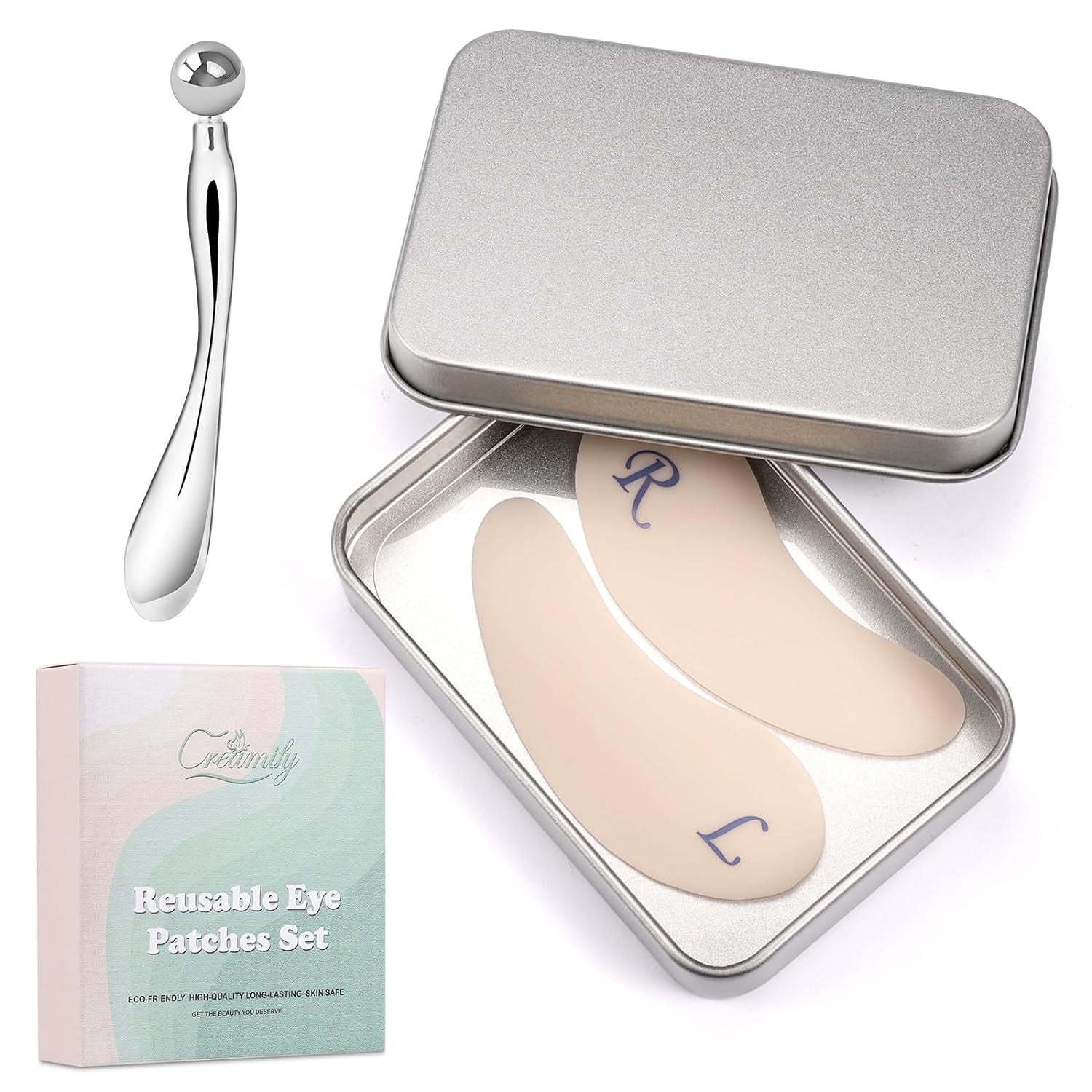 Reusable Eye Patches, Silicone under Eye Patches with Lifting Effect to Reduce Wrinkles and Fine Lines, Pair with Metal Eye Cream Applicator,Tin Case