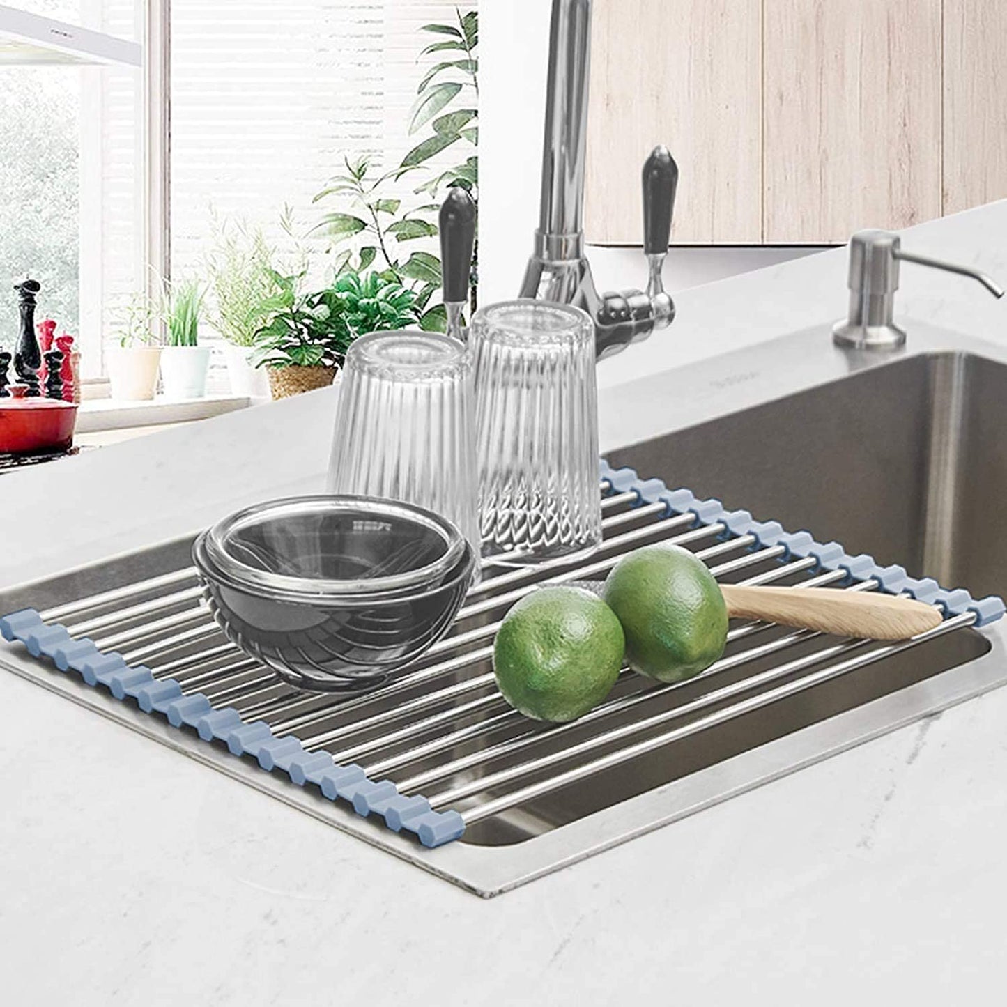 Roll up Dish Drying Rack,  Roll over the Sink Dish Drying Rack Kitchen Rolling Dish Drainer, Foldable Sink Rack Mat Stainless Steel Wire Dish Drying Rack for Kitchen Sink Counter (17.5''X11.8'')