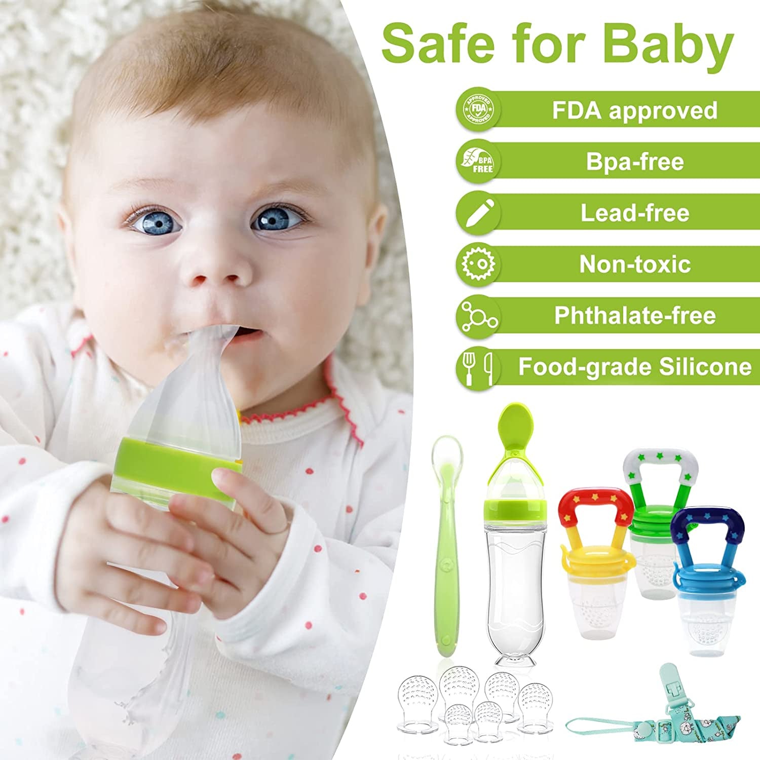 Baby Fruit Feeder Pacifier (2 Pcs) with 6 Silicone Pacifiers Mash and Serve Bowl (2Pack) with 6 Baby Spoons Pacifier Clip Baby Finger Toothbrush Infant Fruit Teething Toy Baby Feeding Set