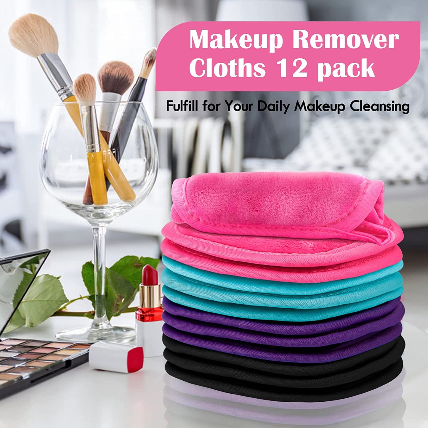 Makeup Remover Cloths 12 Pack, Makeup Removal Face Cleansing Cloth, Reusable Makeup Remover Pads Remove Instantly Dirt with Just Water, 5 X 5 In