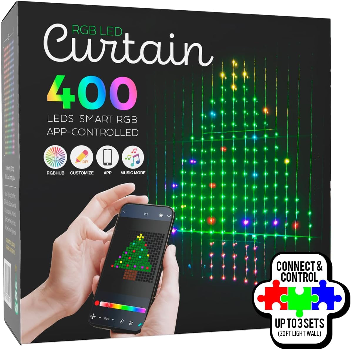 400 LED Curtain String Lights with App Control RGB Color Displays, Limitless Color Combinations and Pure Warm White Lighting, Indoor and Outdoor Decorations