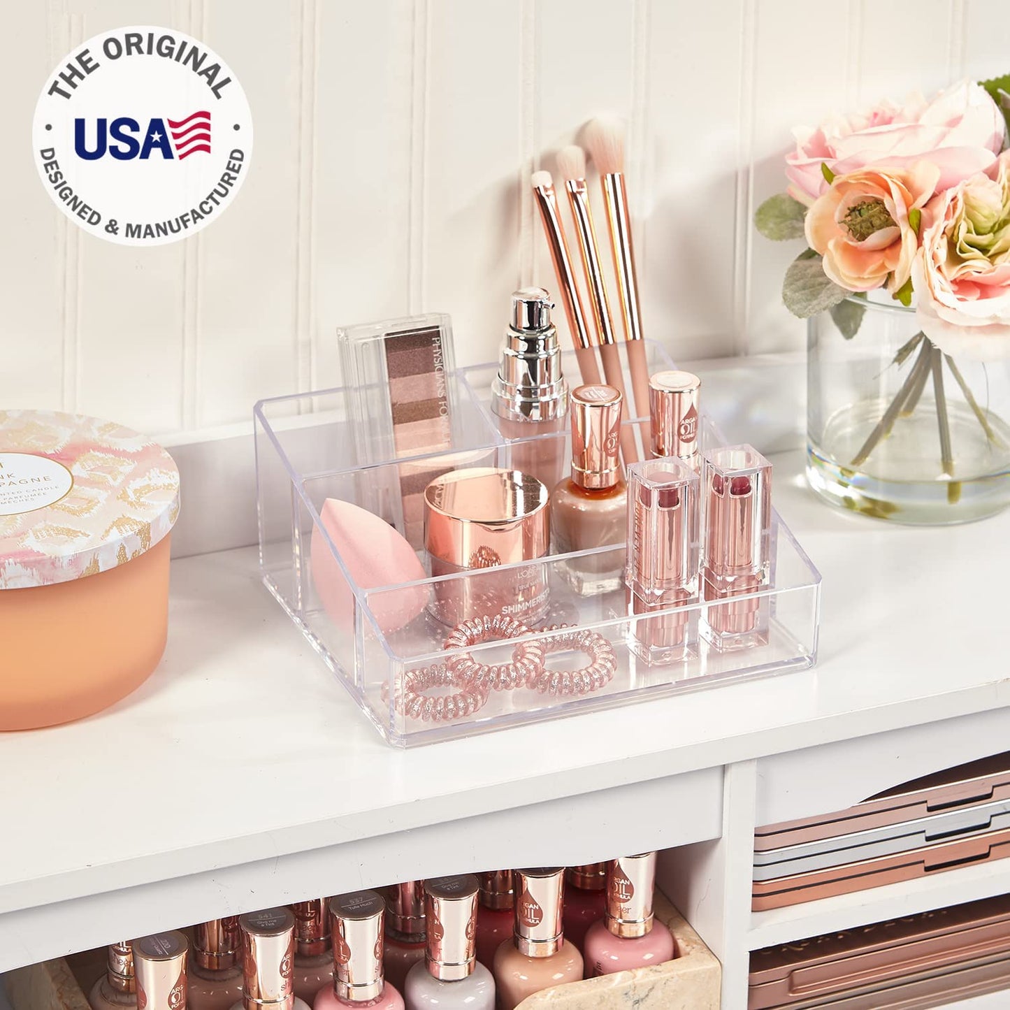 Clear Plastic Vanity Makeup Organizer | Compact Rectangular 4-Compartment Holder for Brushes, Eyeshadow Palettes, & Beauty Supplies | Made in USA