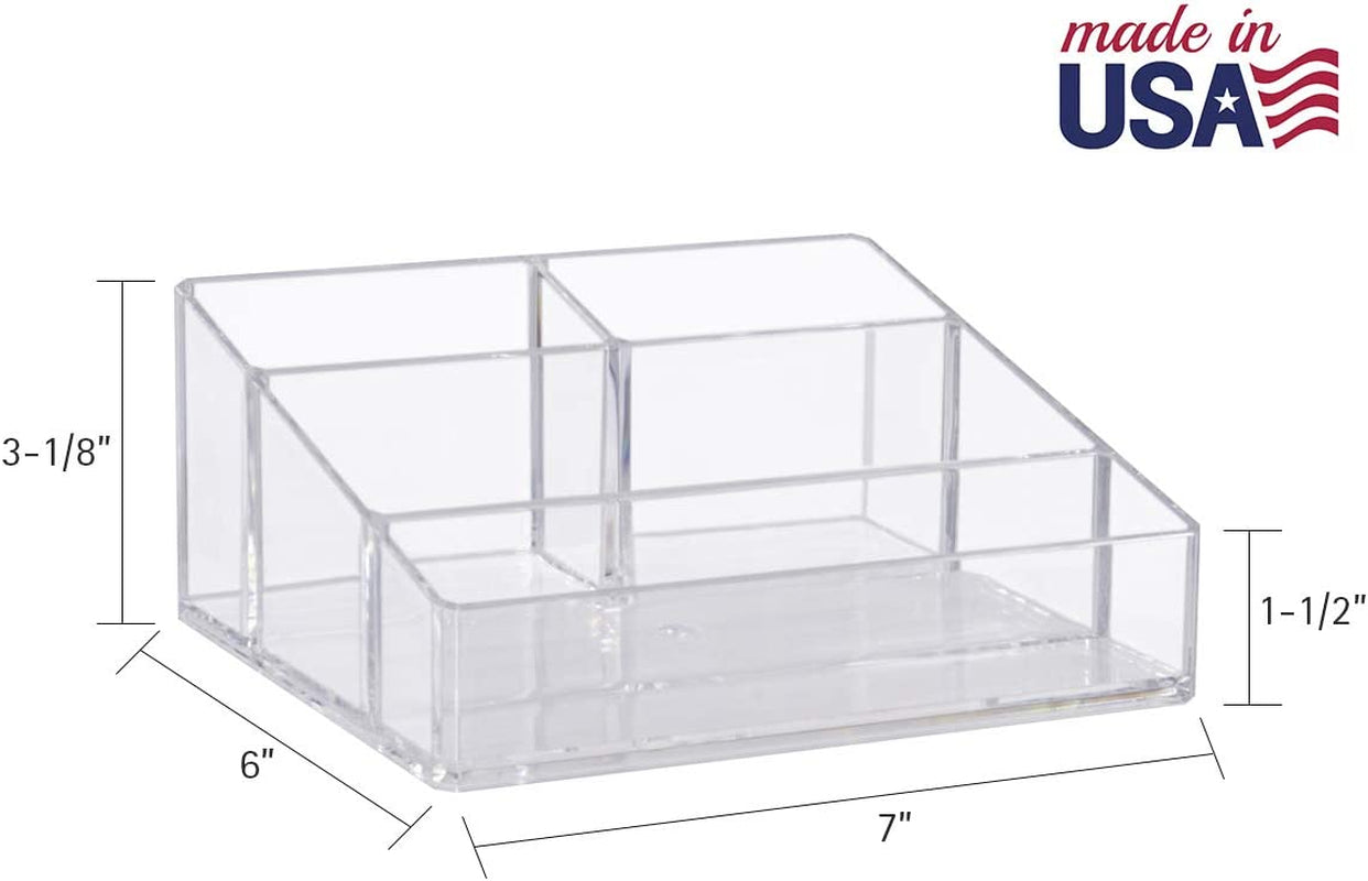 Clear Plastic Vanity Makeup Organizer | Compact Rectangular 4-Compartment Holder for Brushes, Eyeshadow Palettes, & Beauty Supplies | Made in USA