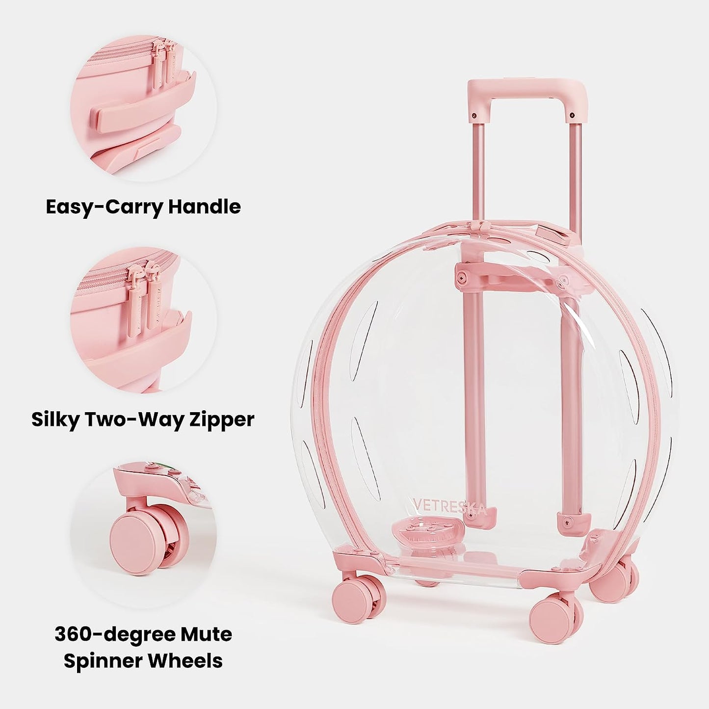 Pet Carrier with 2 Mats, Pink Pet Transport Luggage with Wheels and Telescopic Handle, Pet Travel Carrier for Small & Medium Dogs/Cats