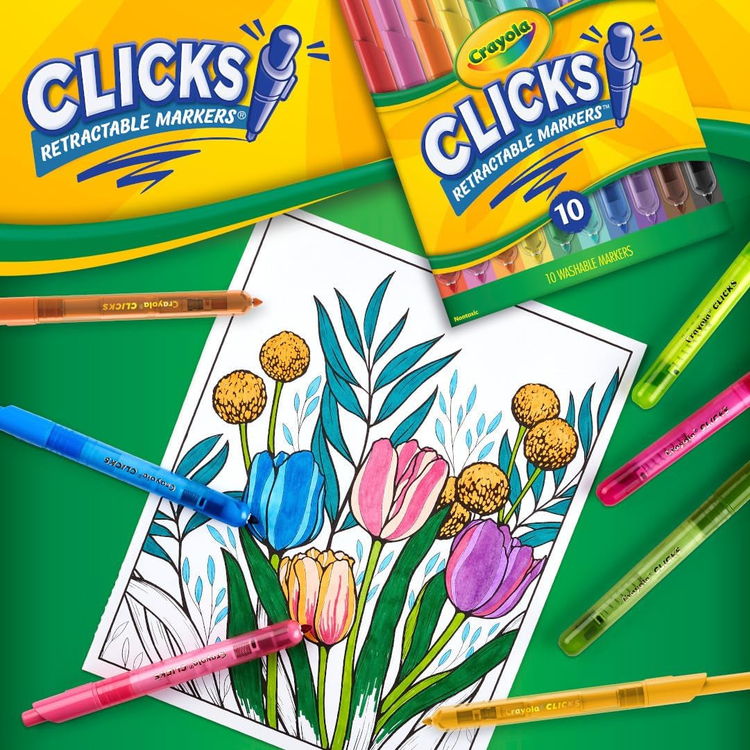 Clicks Washable Markers with Retractable Tips, School Supplies, Art Markers, 10 Count.