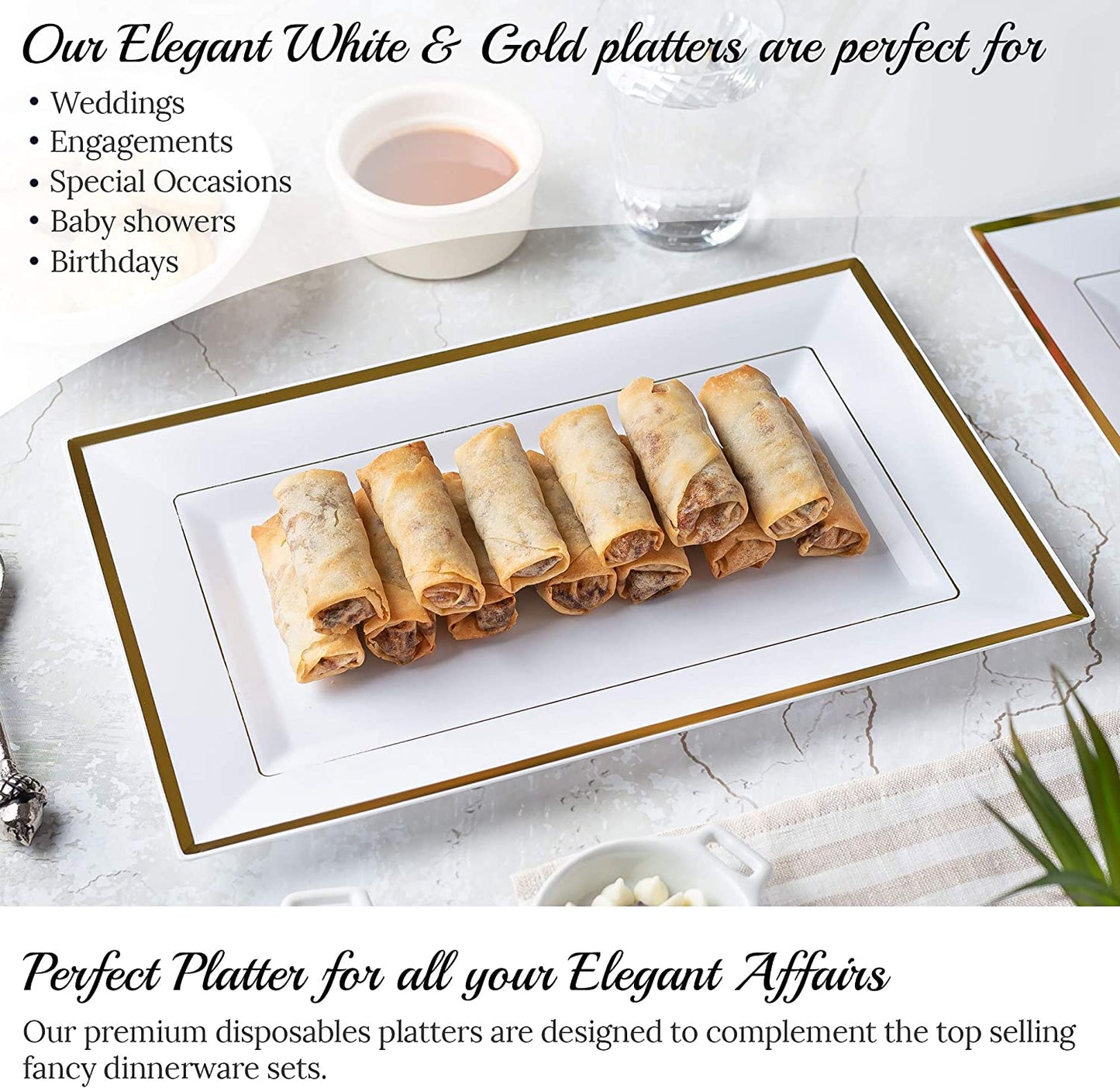 - Elegant Plastic Serving Tray & Platter Set (6Pk) - White & Gold Rim Disposable Serving Trays & Platters for Food - Weddings, Upscale Parties, Dessert Table, Cupcakes - 8 X 12.85 Inches