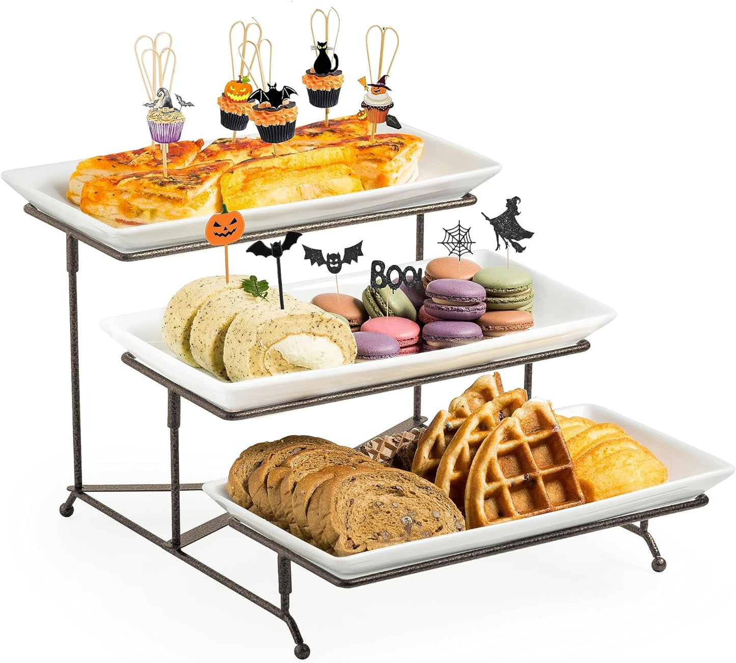 3 Tier Serving Stand Collapsible Sturdier Rack with 3 Porcelain Serving Platters Tier Serving Trays for Fruit Dessert Presentation Halloween Party Display Set, 12 Inch, Bronze
