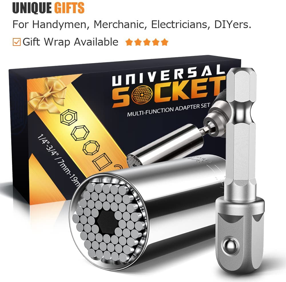 Super Universal Socket Tools Gifts for Men - Christmas Stocking Stuffers for Men Grip Socket Set with Power Drill Adapter Cool Stuff Ideas Gadgets for Men Birthday Gifts for Dad Women Husband (7-19Mm)