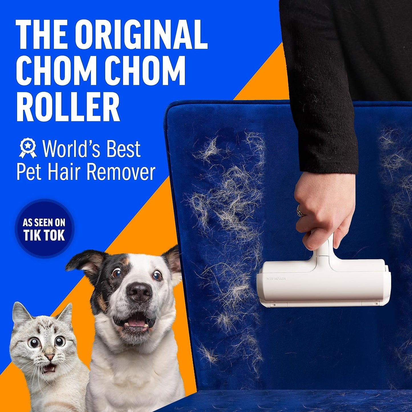 Chom Chom Roller Pet Hair Remover and Reusable Lint Roller -  Cat and Dog Hair Remover for Furniture, Couch, Carpet, Clothing and Bedding - Portable, Multi-Surface Fur Removal Tool