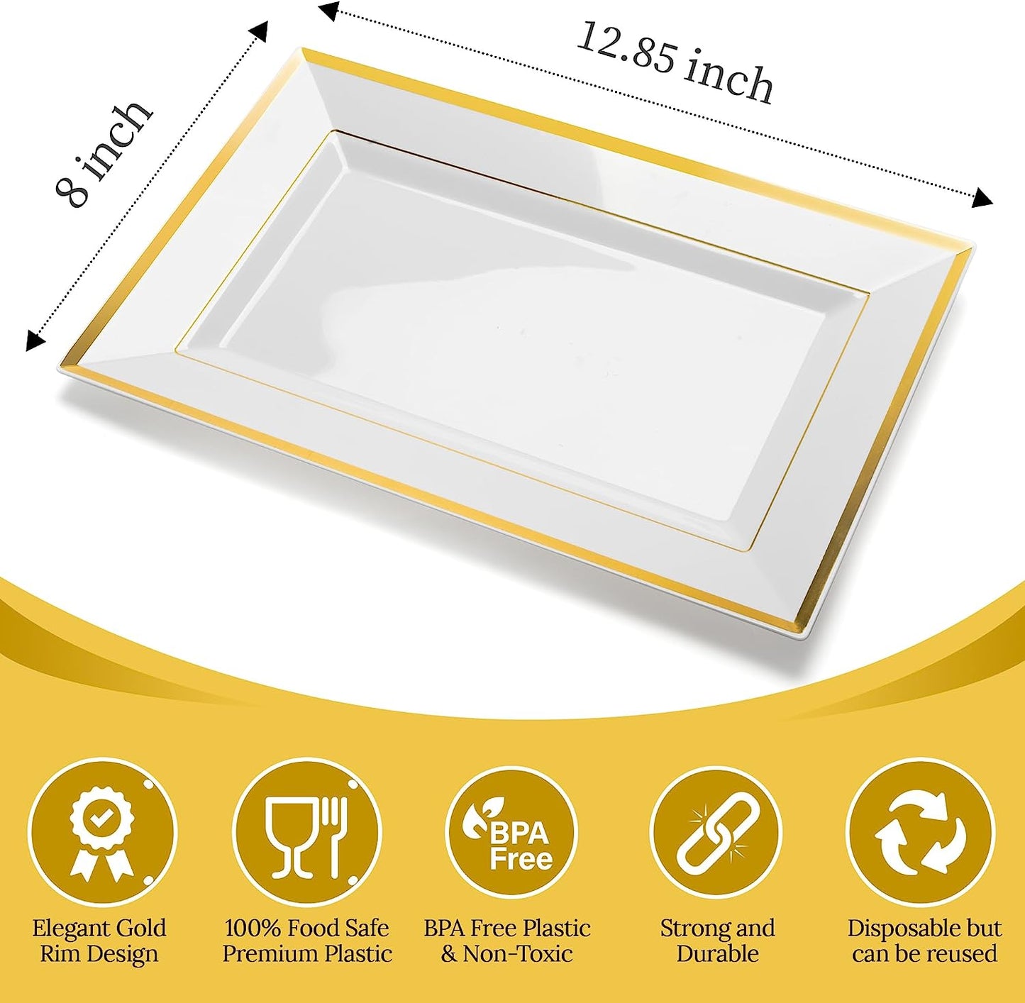 - Elegant Plastic Serving Tray & Platter Set (6Pk) - White & Gold Rim Disposable Serving Trays & Platters for Food - Weddings, Upscale Parties, Dessert Table, Cupcakes - 8 X 12.85 Inches