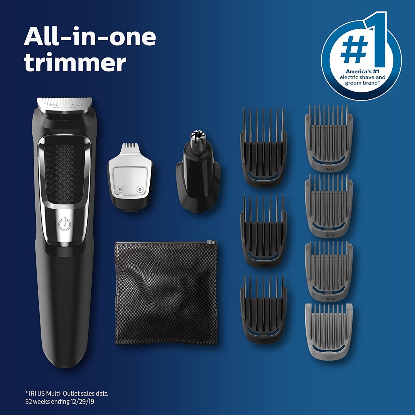 Philips  Multigroomer All-In-One Trimmer Series 3000, 13 Piece Mens Grooming Kit, for Beard, Face, Nose, and Ear Hair Trimmer and Hair Clipper, NO Blade Oil Needed, MG3750/60