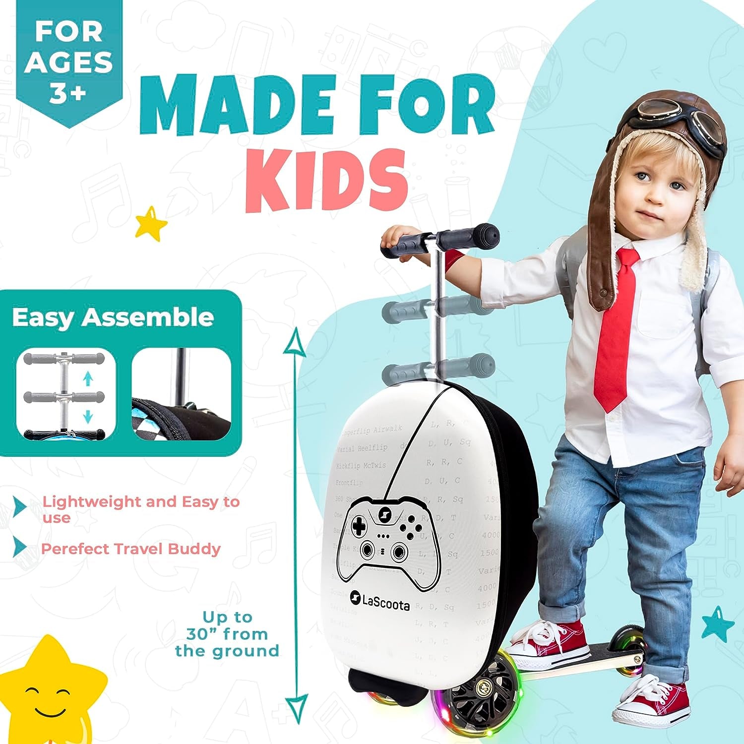 Scooter Suitcase, Foldable Scooter Luggage for Kids - Lightweight Kids Ride on Luggage Scooter with Wheels, LED Lights - Videogame Graphic Suitcase Scooter, Ride on Suitcase for Kids Ages 2-5