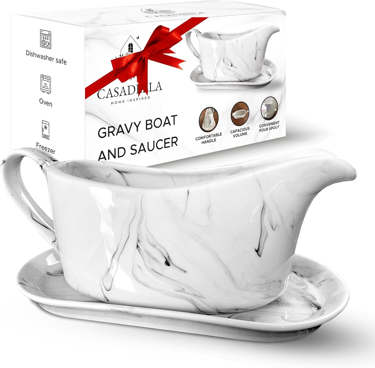 CASADELLA Porcelain Gravy Boat Serving Set, Marble 14 Oz Gravy Bowl Set W/Saucer, Elegant Gravy Server for Minimalist Serving, Gravy Pitcher W/Non-Stick Surface, Marble Bowl Serving Dishes