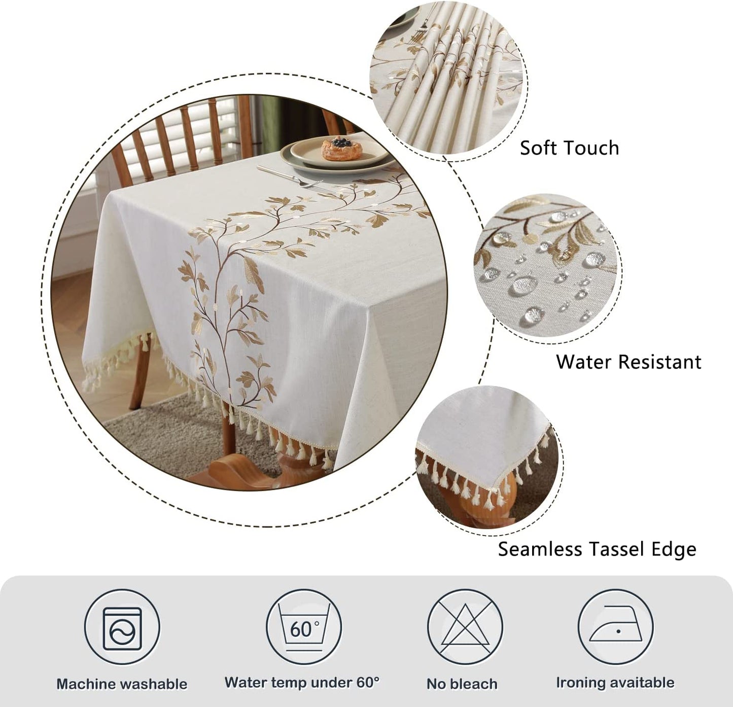 Cotton Linen Waterproof Tablecloth for Dining Table Farmhouse Kitchen Rectangle Table Cloth Coffee Wrinkle Free Table Cover, Beige, Coffee Flower, 55X55 Inch