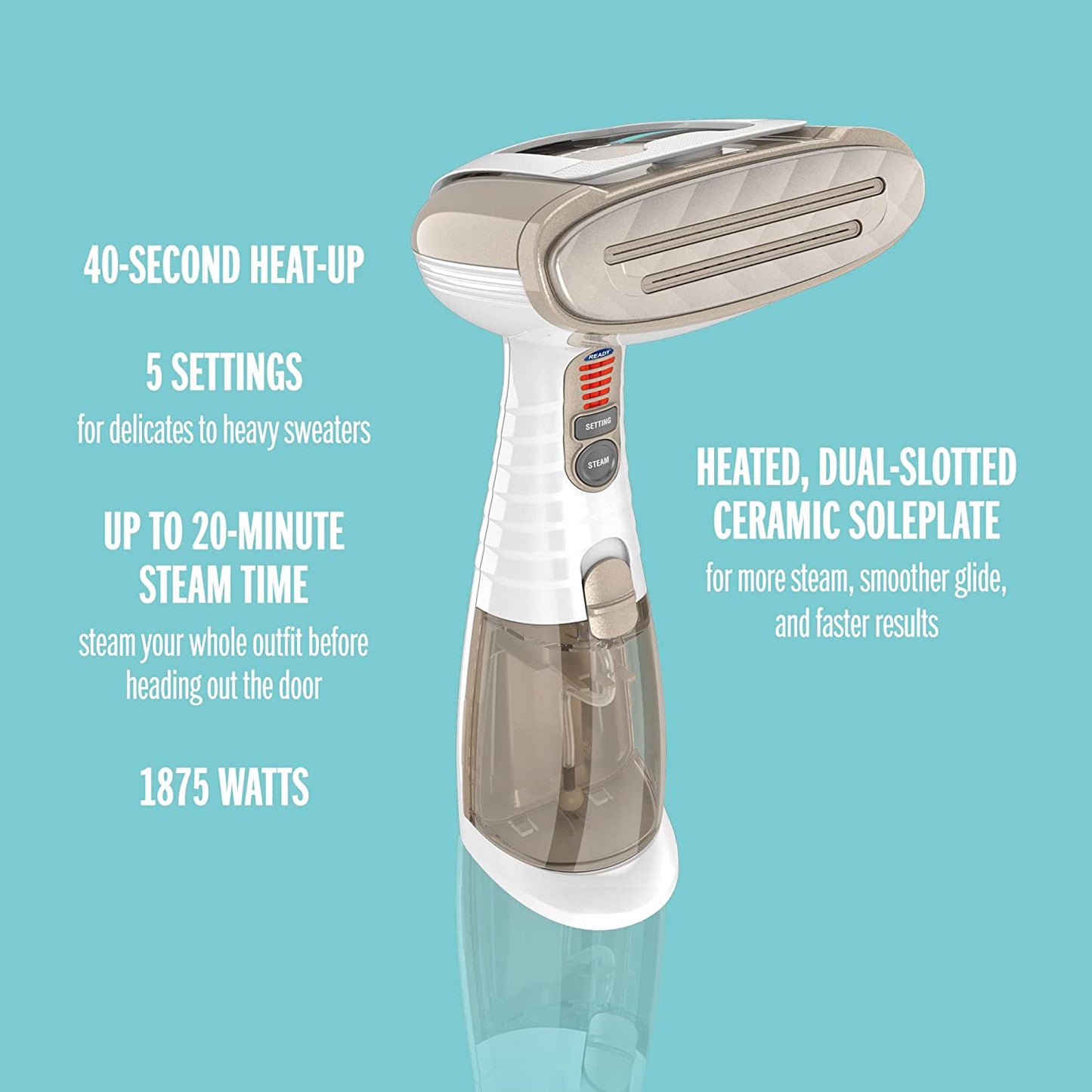 Handheld Garment Steamer for Clothes, Turbo Extremesteam 1875W, Portable Handheld Design, Strong Penetrating Steam, White / Champagne