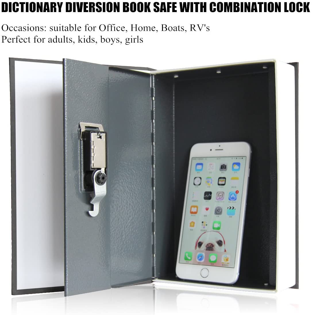 Book Safe with Combination Lock -  Dictionary Diversion Metal Lock Box for Home Office Code Lock for Money, High Capacity, 9.5 X 6.2 X 2.2 Inch, SM-BS0402L, Black Large