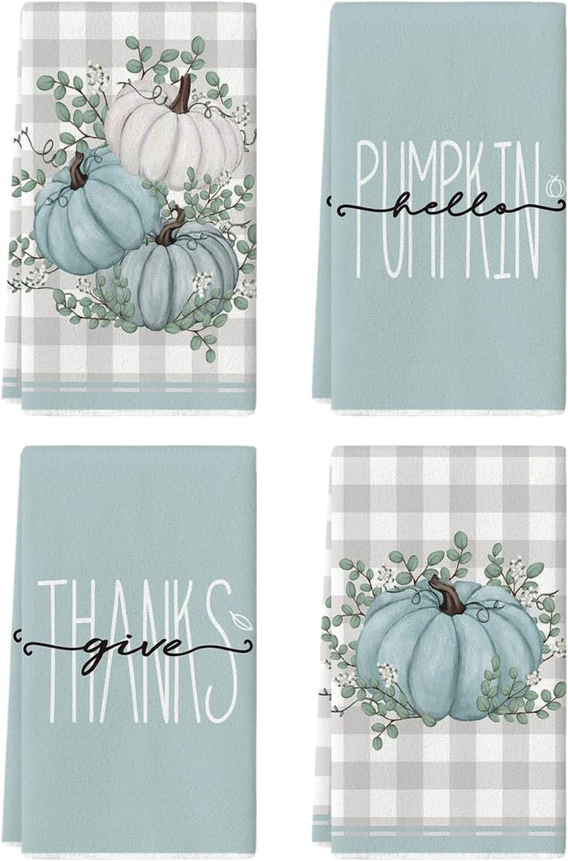 Blue Eucalyptus Leaves Hello Pumpkin Fall Kitchen Towels Dish Towels, 18X26 Inch Seasonal Give Thanks Decoration Hand Towels Set of 4