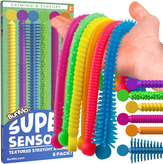 Super Sensory Stretchy Strings 6Pk | Calming & Textured Monkey Stretch Noodles | Sensory Toys for Autistic Children | Stress Relief & Anxiety Toys for Kids | Hours of Fun for Kids