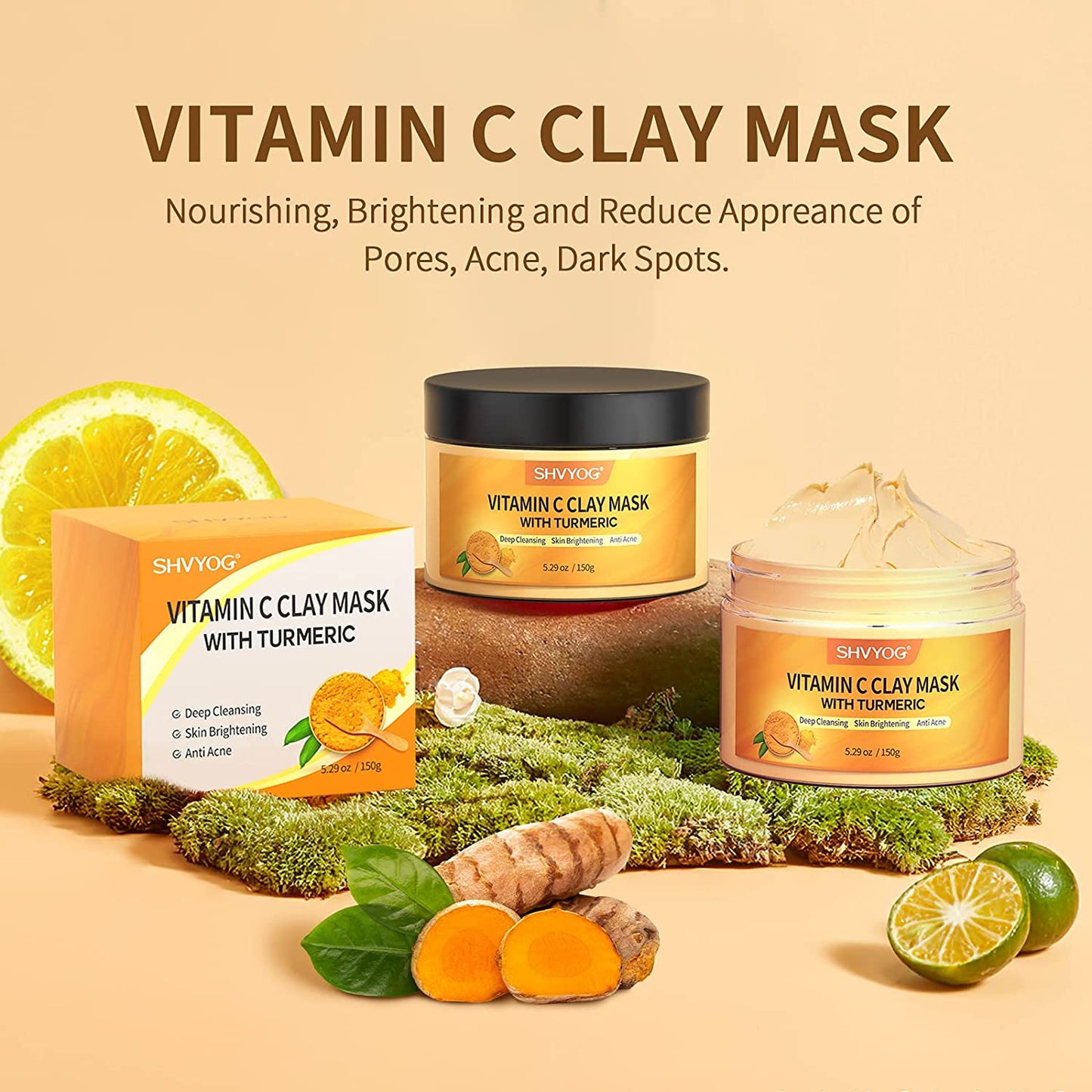 Turmeric Vitamin C Clay Mask, Facial Mask with Kaolin Clay and Turmeric for Dark Spots, Skin Care for Controlling Oil and Refining Pores 5.29 Oz
