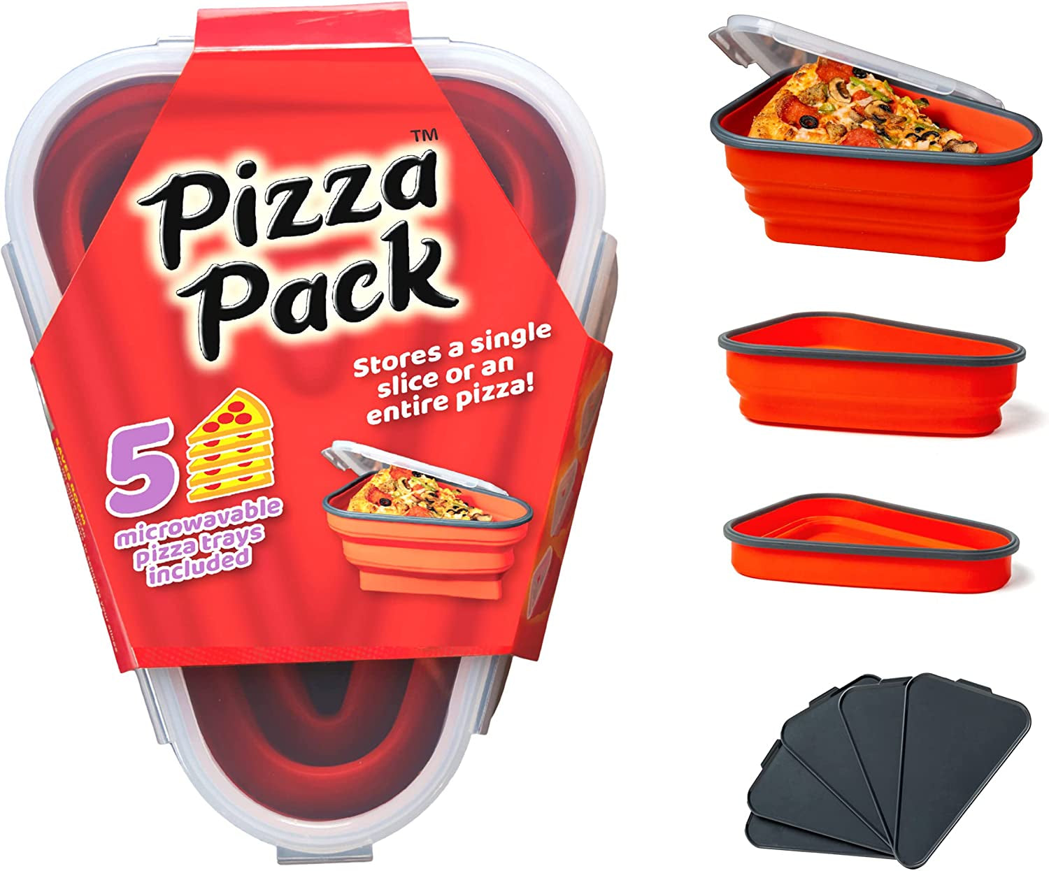 The Perfect Pizza Pack™ - Reusable Pizza Storage Container with 5 Microwavable Serving Trays - Bpa-Free Adjustable Pizza Slice Container to Organize & save Space, Red