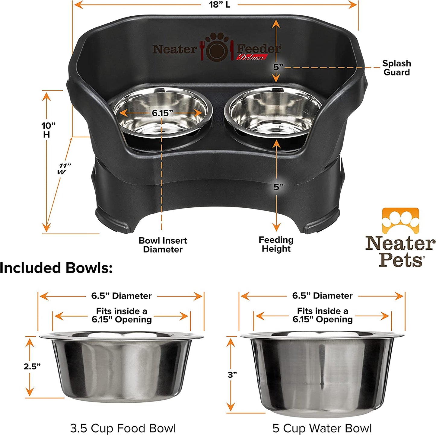 Neater Feeder Deluxe Medium Dog (Midnight Black) - the Mess Proof Elevated Bowls No Slip Non Tip Double Diner Stainless Steel Food Dish with Stand